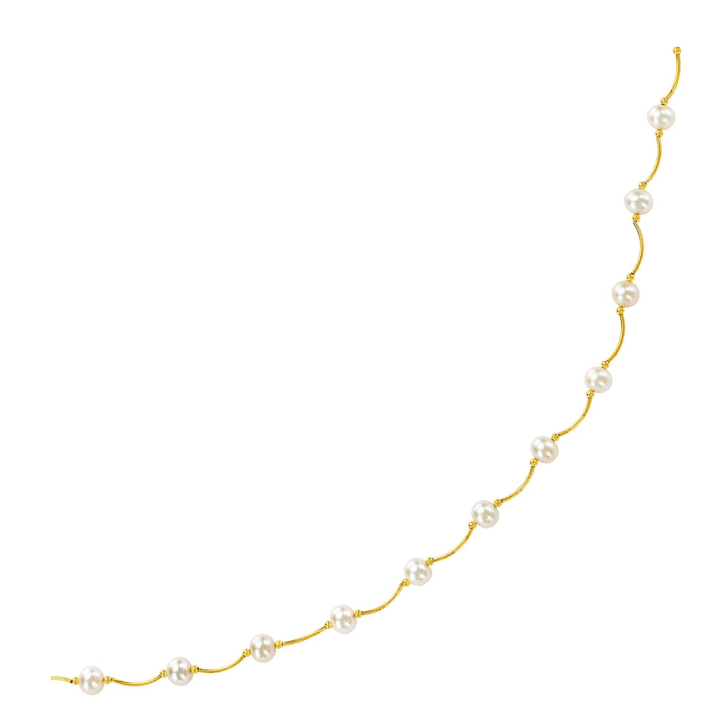 14k Yellow Gold Arc Link Necklace with White Pearls in a sleek high-contrast midnight luxury editorial style